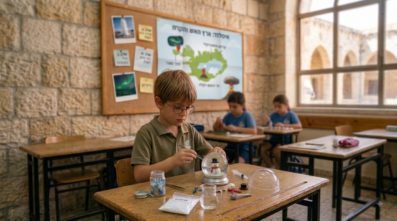 ילד מרכיב כדור שלג מיניאטורי בכיתה
