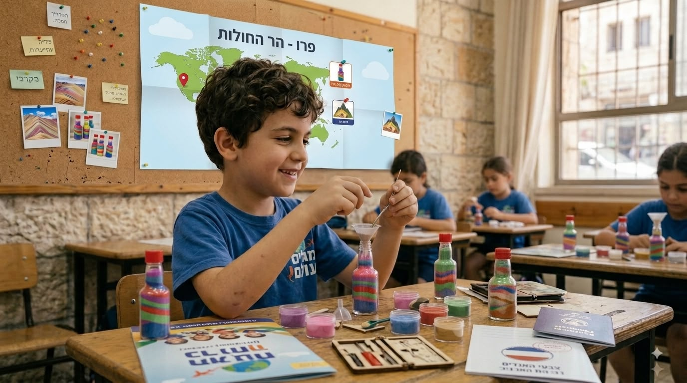 ילד ממלא בקבוק חול צבעוני במפגש מגלים עולם